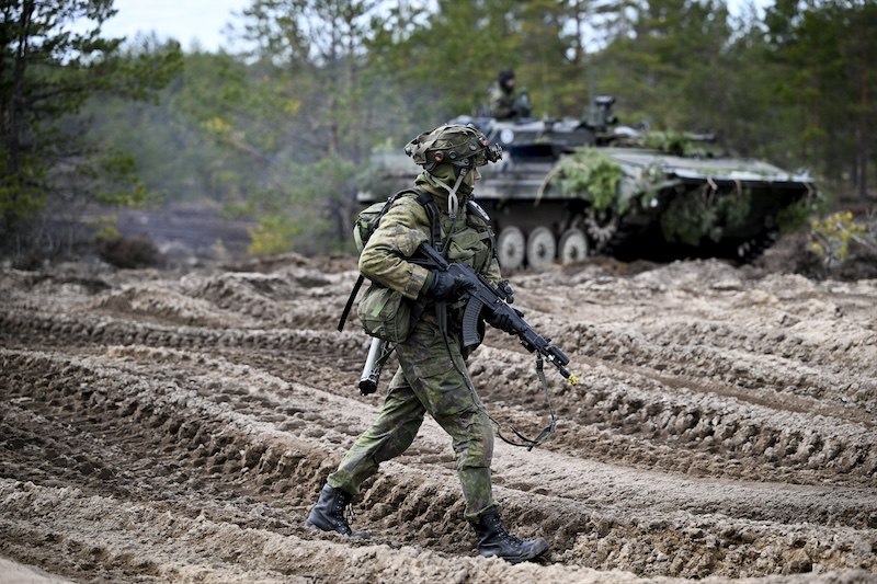 LKS 20240614 LKS 20240204 LKS 20231004 LKS 20230515 Finnish soldiers at the Finnish Army mechanized exercise Arrow 23 at the Pohjankangas shooting and training area in village of Niinisalo, in Kankaanpää, Finland on 4th May, 2023., LEHTIKUVA / ANTTI AIMO-KOIVISTO