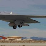 A B-21 Raider conducts flight tests, which includes ground testing, taxiing, and flying operations, at Edwards Air Force Base, California, where it continues to make progress toward becoming the backbone of the U.S. Air Force bomber fleet. The B-21 will possess the range, access, and payload to penetrate the most highly-contested threat environments and hold any target around the globe at risk. The B-21 program is on track to deliver aircraft in the mid-2020s to Ellsworth Air Force Base, South Dakota, which will be the first B-21 main operating base and location for the B-21 formal training unit. (Courtesy photo)