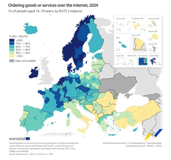 Ηλεκτρονικές αγορές: Αυξήθηκαν από 22% σε 91% σε όλες τις περιφέρειες της ΕΕ το 2024 - Μακράν η Ολλανδία