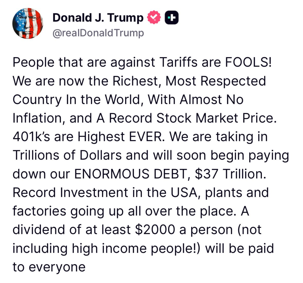 Colpo grossο Trump με μέρισμα 2.000 δολαρίων σε κάθε Αμερικανό με τα έσοδα από τους δασμούς