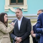 Press Secretary of the President Volodymyr Zelensky, Yulia Mendel, speaks to the Andriy Yermak, Head of the Presidential Office during a press conference in Kyiv on May 20, 2020.