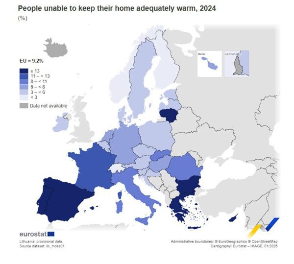 Eurostat: Ελλάδα και Βουλγαρία πρώτες στην ΕΕ με 19% που τα νοικοκυριά δεν ζέσταναν τα σπίτια τους το 2024
