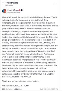 «Νεκρός ο Αγιατολάχ Χαμενεΐ», αναφέρει ο Τραμπ σε ανάρτηση στο Truth Social - Financial Report