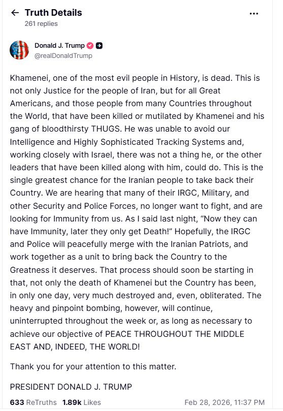 «Νεκρός ο Αγιατολάχ Χαμενεΐ», αναφέρει ο Τραμπ σε ανάρτηση στο Truth Social - Financial Report