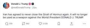 Τραμπ: «Το Ιράν δεσμεύτηκε να μην κλείσει ποτέ ξανά τα Στενά του Ορμούζ. Μια υπέροχη μέρα για τον Κόσμο»